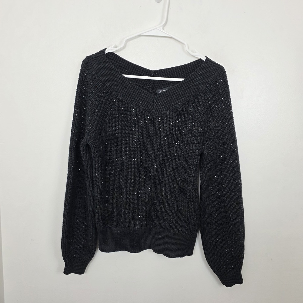 International Concepts Black Gem Sparkle Glam Party Going Out Sweater Size Small